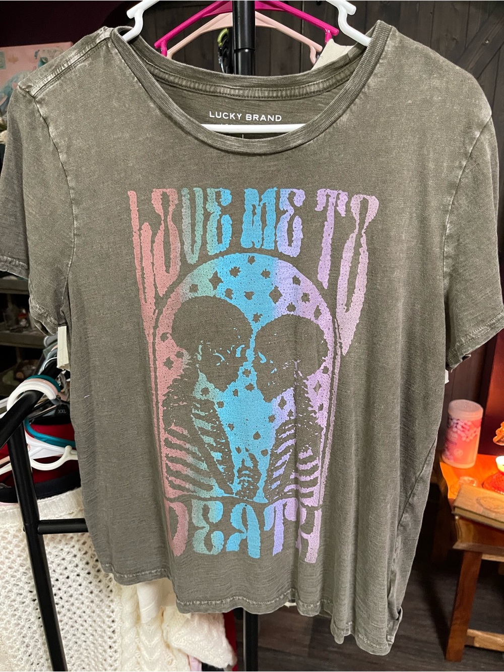 Lucky Brand Olive Green Short Sleeve Tee with Pastel Rainbow Skull Graphic